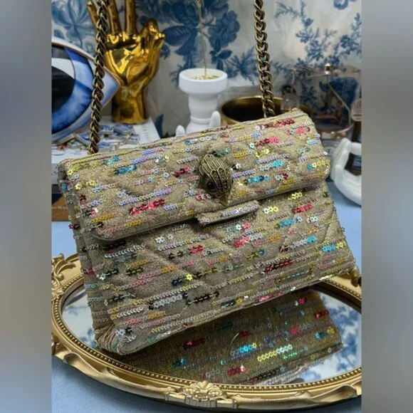 🆕 KURT GEIGER LONDON 🧿 NWOT Lurex Medium Kensington, Gold Rainbow Sequins - Picture 6 of 13